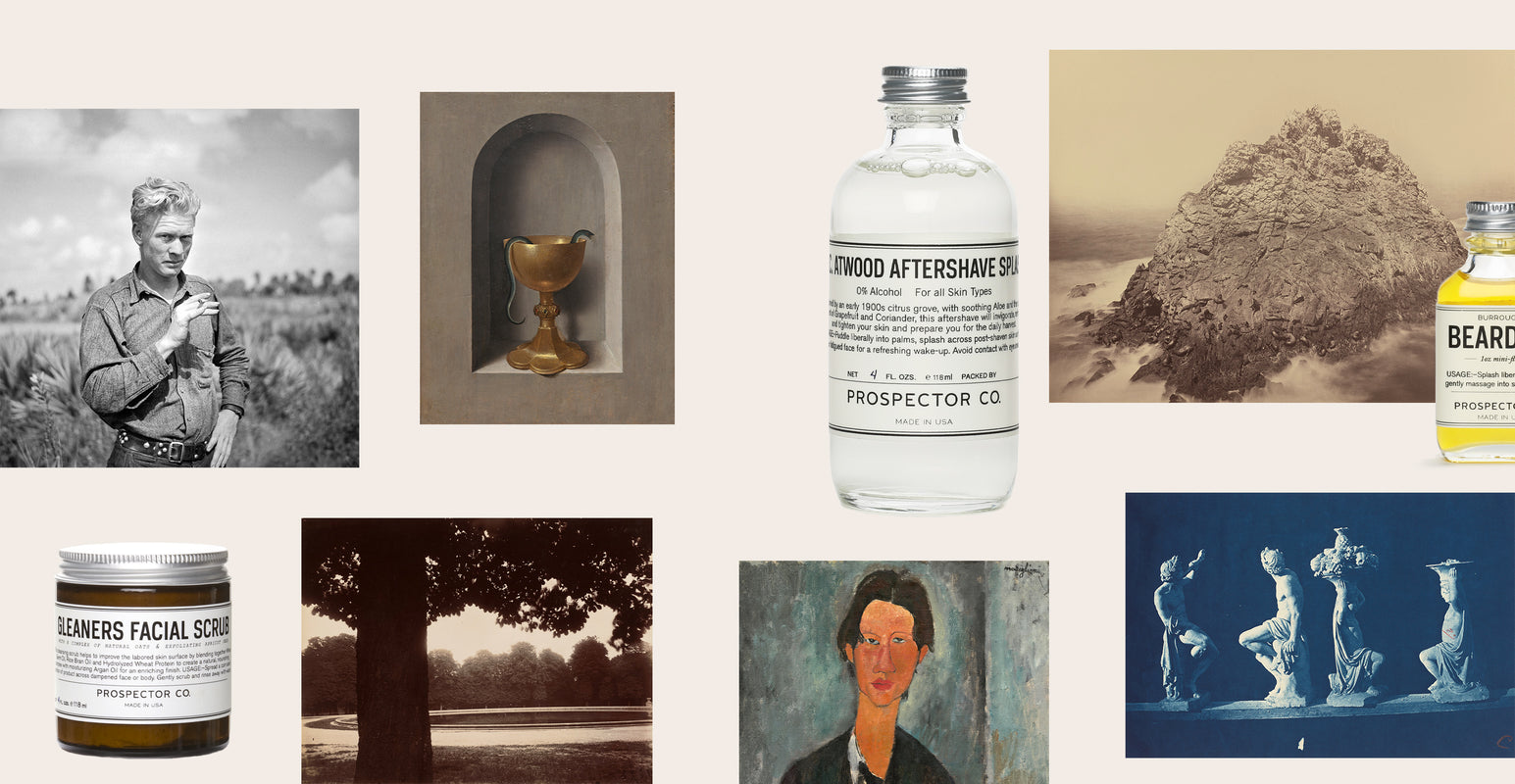 A collage of images including a black and white portrait of a man with a cigarette and blonde hair, a painting of a man, a blue-hued image of sculptures, a large sepia-toned rock, a glass bottle of product, another glass bottle of product, a jar of product, a landscape of a pond, and lastly a niche with a gold cup that a serpent is snaking out of.